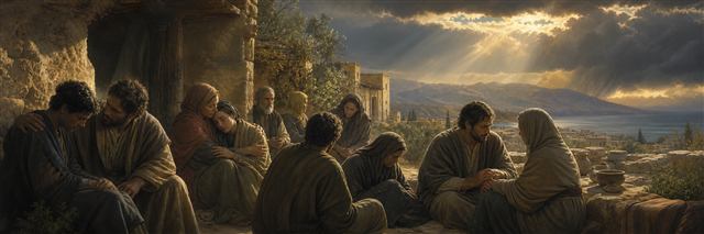Weary believers comforting and sheltering one another as light breaks through receding storm clouds